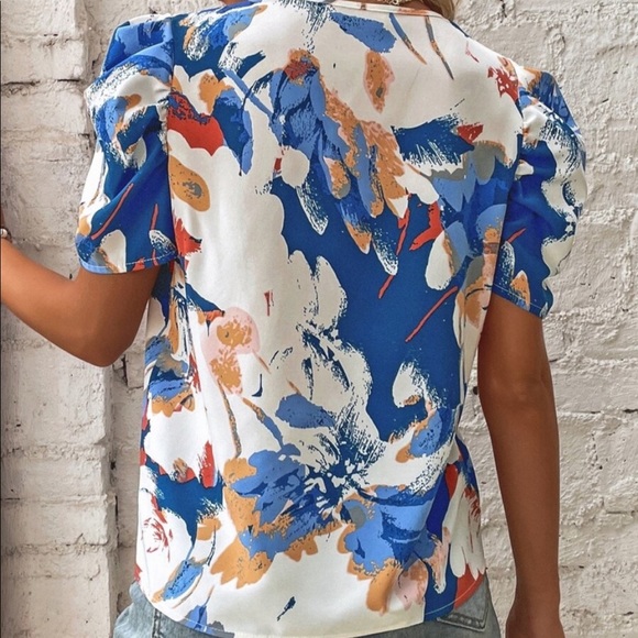 Boho White Floral Print Puff Sleeve Top Blouse - Picture 3 of 5